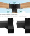 Kickass Heavy Duty Steel Bracket Kit For DIY Elevated Wood Stand Outdoor Projects Black Powder Coated Rust Resistant Hardware Set Eight Piece Pack For Deck Builds, showing black steel brackets at a 90-degree angle with wood support.