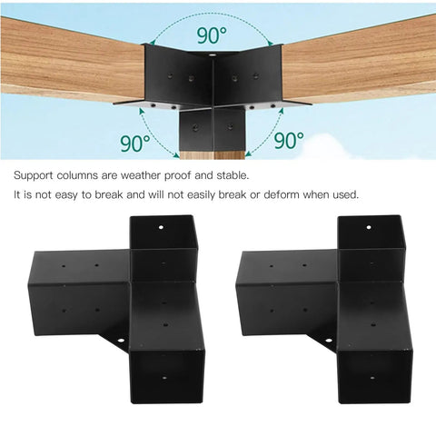 Kickass Heavy Duty Steel Bracket Kit For DIY Elevated Wood Stand Outdoor Projects Black Powder Coated Rust Resistant Hardware Set Eight Piece Pack For Deck Builds, showing black steel brackets at a 90-degree angle with wood support.