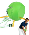 Game Changing Golf Swing Trainer Aid For Posture And Swing Mechanics with green foam and yellow rods, golfer using tool