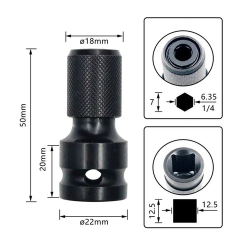 Two Pack 1/2 Inch Square Drive To 1/4 Inch Hex Female Socket Adapter Chuck For Impact Wrench, product dimensions shown
