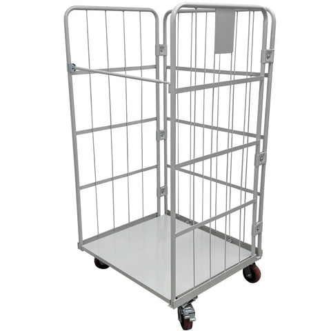 Hella Sturdy Flatbed Cart With Wire Security Cage 1100 Lb Capacity Heavy Duty Warehouse Dolly  rolling platform with a tall wire enclosure.