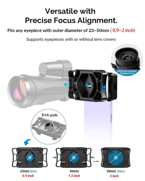 Universal Telescope Phone Mount Adapter With One Piece Clip Fits Almost Any Smartphone And Optical Gear shown on eyepiece