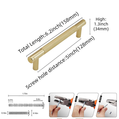 Labeled diagram of 10 Pack 5 Inch Brushed Gold Knurled Cabinet Pulls with installation screws and dimensions for kitchen cabinets and drawers.