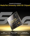 MediaTek Dimensity 6300 5G chipset showcased with specs like 6nm process and up to 2.4GHz speed.