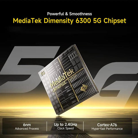 MediaTek Dimensity 6300 5G chipset showcased with specs like 6nm process and up to 2.4GHz speed.