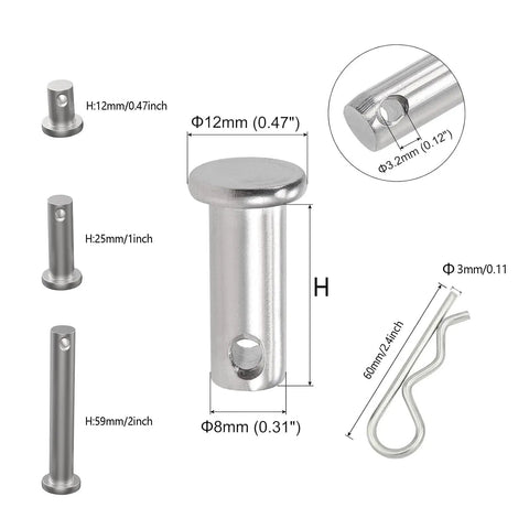Ultimate M8 Clevis Pin And M3 R Clip Set With Six M3 X 60mm R Clips And Six M8 Flat Head Pins In 8mm 20mm And 45mm