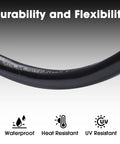 Close-up of durable, flexible cable labeled for waterproof, heat, and UV resistance, part of NEMA L5-30P To 5-15R 5-20R RV Generator Adapter.