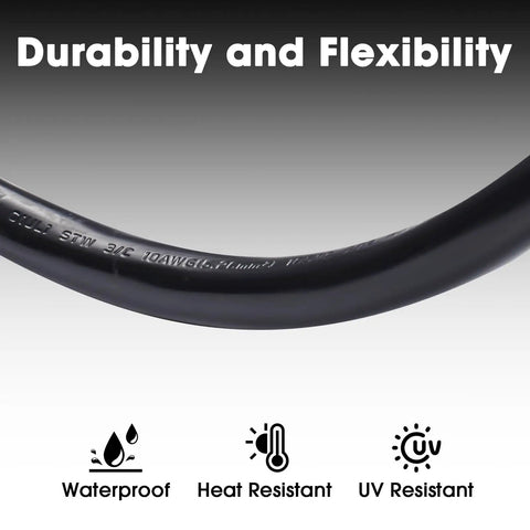 Close-up of durable, flexible cable labeled for waterproof, heat, and UV resistance, part of NEMA L5-30P To 5-15R 5-20R RV Generator Adapter.