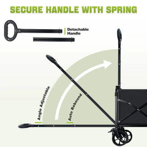 Secure handle with spring on All Terrain Folding Wagon Cart With Brakes 360 Lb Heavy Duty Portable Lightweight Wagon.