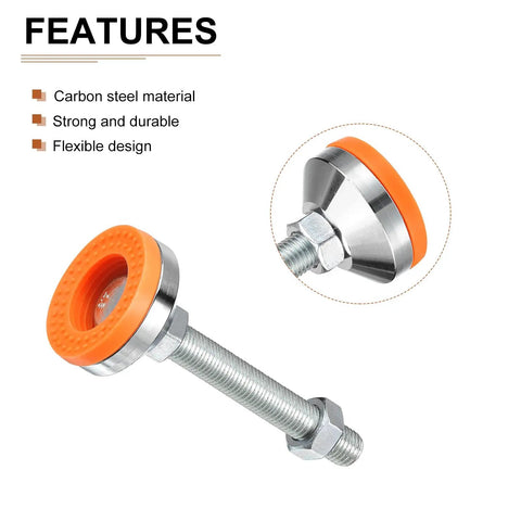 Tough As Nails Carbon Steel Swivel Leveling Feet M16 Thread Adjustable Mounting Hardware For Furniture And Workbenches Solid Anti Slip Base Plates Heavy Duty Set Of 4 Yellow, showing an orange anti-slip base and carbon steel body.