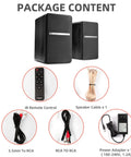 Booming 60W RMS Active Bluetooth Bookshelf Speakers With DSP And DRC, wood enclosure, with remote control and cables.