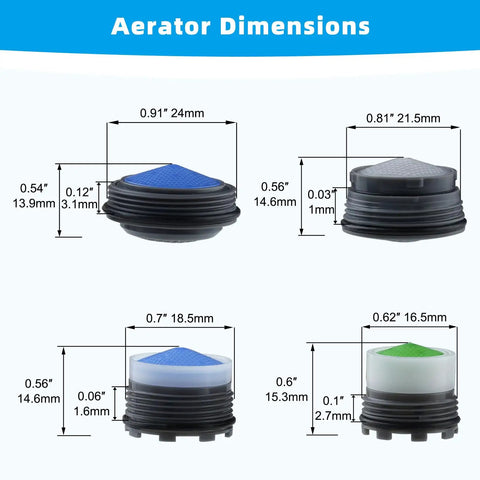 12 Pack Faucet Aerator Kit With 6 Aerator Keys And A Removal Wrench, showing dimensions of aerators: 16.5mm, 18.5mm, 21.5mm, 24mm.