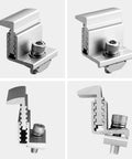 Four views of the Adjustable Solar Panel Mounting Brackets 30 To 50mm Kit with aluminum end clamps and M8 screws for roofs.