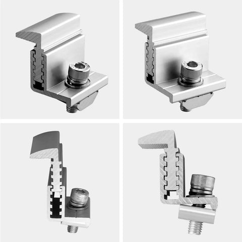 Four views of the Adjustable Solar Panel Mounting Brackets 30 To 50mm Kit with aluminum end clamps and M8 screws for roofs.