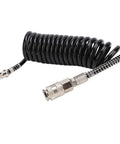 Heavy Duty Rubber Inflator Extension Hose With Bend Limiter For Air Compressors coiled black hose with steel fittings, kink resistant design.