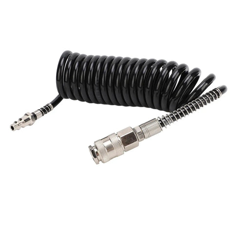 Heavy Duty Rubber Inflator Extension Hose With Bend Limiter For Air Compressors coiled black hose with steel fittings, kink resistant design.