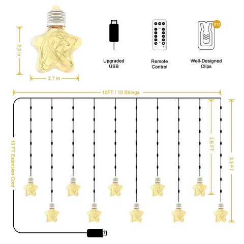 Diagram of Star Curtain Lights With Wishing Ball LED Fairy String Lights USB Powered, showing dimensions and components.