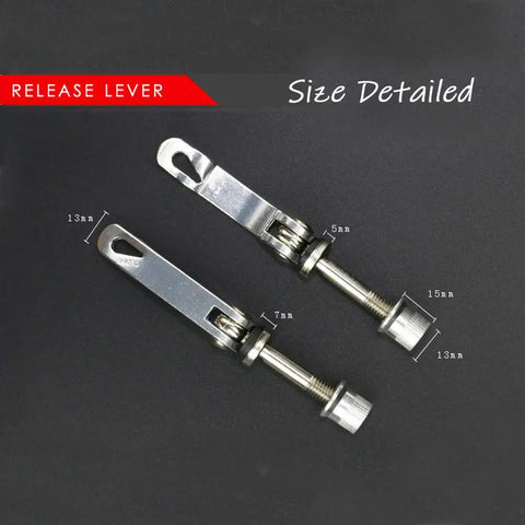 Detailed view of golden quick release seat post clamp for bikes, showing size measurements and alloy construction.