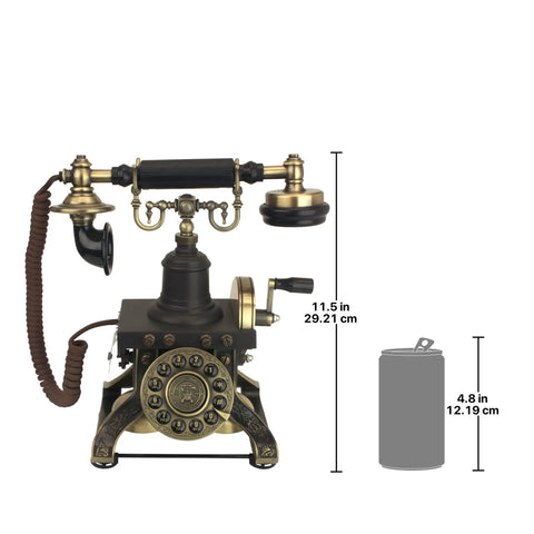 Vintage Eiffel Tower Style Rotary Phone With Push Button Dialing, Corded Retro Telephone For Home Decor, side view with dimensions