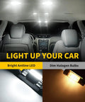 Car interior comparison of Ultra Bright 41mm LED Bulbs 12V Canbus Error Free and dim halogen bulbs, showing lighting difference.
