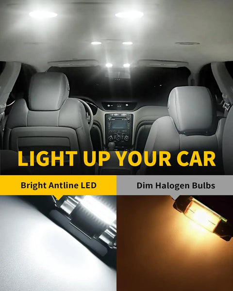 Car interior comparison of Ultra Bright 41mm LED Bulbs 12V Canbus Error Free and dim halogen bulbs, showing lighting difference.