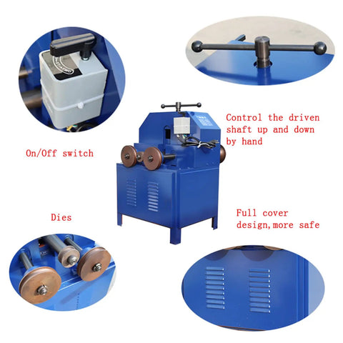 Control panel, on/off switch, and dies of the Pro Level Shop Ready Electric Pipe Bender And Tube Roller Machine With Comprehensive Die Setup For Snappy Curves On Square And Round Tubing Up To Three Inches.