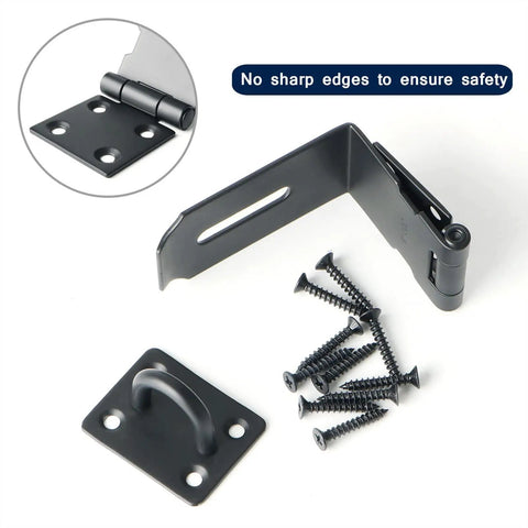 Four Inch Stainless Steel Barn Door Bolt With Ninety Degree Hook Latch And Right Angle Gate Lock For Heavy Duty Outdoor Fencing and Tough As Nails Yard Security with screws and mounting plate.