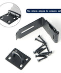 90 Degree Barn Door Bolt Stainless Steel Hook Latch Right Angle Lock Gate with screws and hinge, black finish.