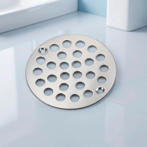 Round 4 Inch Screw-in Shower Drain Cover Strainer Kit with Screws and Screwdriver Universal Floor Drain Insert for Bathroom Replacement Fits like a Dream Heavy Duty Repair on a bathroom surface.
