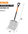Heavy Duty Garden Pitch Fork With 10 Tines And Wide Head 45 Inch Fiberglass Handle Durable Bedding Fork For Mulching Soil Compost Cleanup Tough Carbon Steel Tines Built For Yard Work, showing dimensions 45 inches long and 15 inches wide.