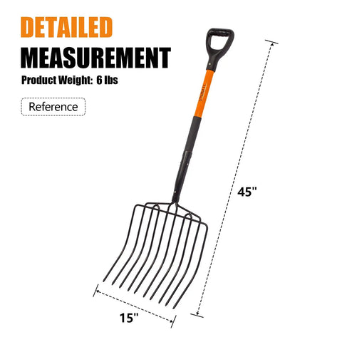 Heavy Duty Garden Pitch Fork With 10 Tines And Wide Head 45 Inch Fiberglass Handle Durable Bedding Fork For Mulching Soil Compost Cleanup Tough Carbon Steel Tines Built For Yard Work, showing dimensions 45 inches long and 15 inches wide.