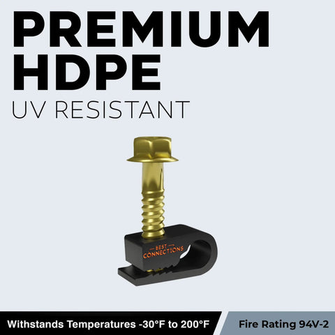 Coaxial Cable Clips With Pre-Inserted Screw, Black, UV Protected HDPE, featuring hex head screw, side view.