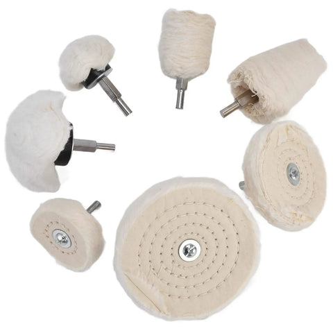 Chic 7-Piece Polishing Wheel Kit With Cotton Flannel Buffing Drill Attachments For Car Waxing And Metal Shining Easy To Use Multi-Shaped Set showing seven cotton flannel buffing wheels.