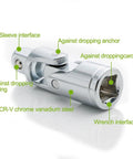 Close-up of chrome-vanadium universal joint adapter for 1/4, 3/8, and 1/2 in drives
