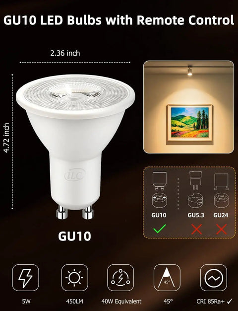 Color Changing GU10 RGB LED Bulb 12 Colors, 5W Dimmable, Remote Pack of 4, showing bulb dimensions and lighting features
