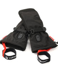 Pair of black gloves with red straps, featuring Elastic Ski Glove Wrist Leash And Safety Strap For Easy On And Off Hands Free Hanging Glove Holder
