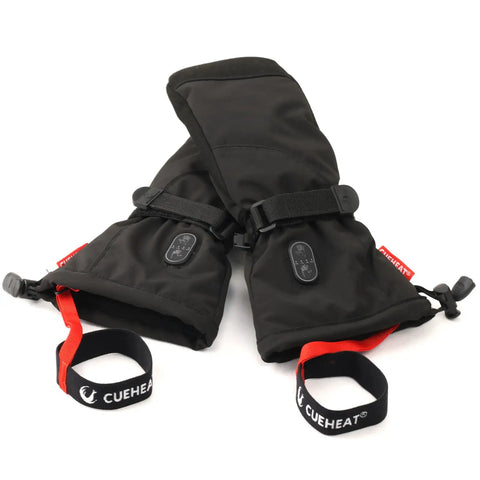 Pair of black gloves with red straps, featuring Elastic Ski Glove Wrist Leash And Safety Strap For Easy On And Off Hands Free Hanging Glove Holder