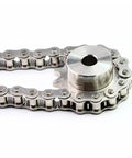 Top Tier Stainless Steel Roller Chain Compatible With 06B, 08A, 08B, And 10A Sprockets close-up showing polished surface and sprocket fit.