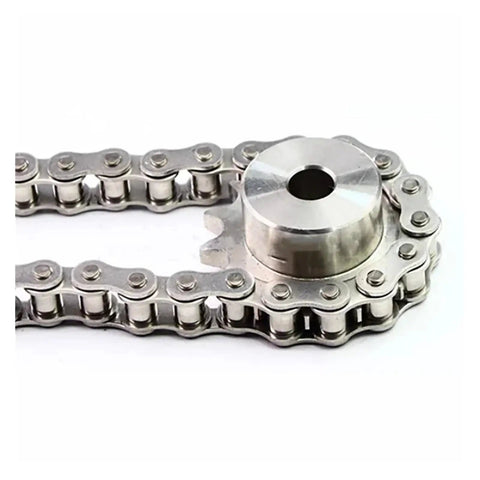 Top Tier Stainless Steel Roller Chain Compatible With 06B, 08A, 08B, And 10A Sprockets close-up showing polished surface and sprocket fit.