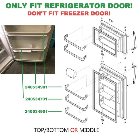 Diagram of Door Shelf Rack Bar Replacement for Refrigerator 240534701 240534901 Two Pack with installation locations