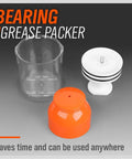 Premium Wheel Bearing Packer Tool Kit With Self Contained Piston For Effortless Repacking shown with orange lid and components