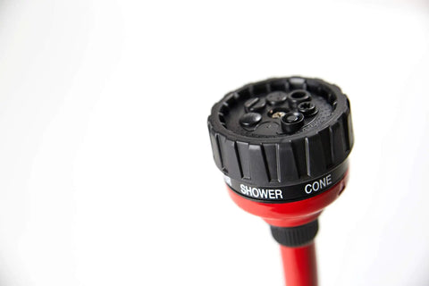 Close-up of the Pro Flo 14 Inch 7 Pattern Watering Wand With Thumb Control nozzle, showing shower and cone settings.
