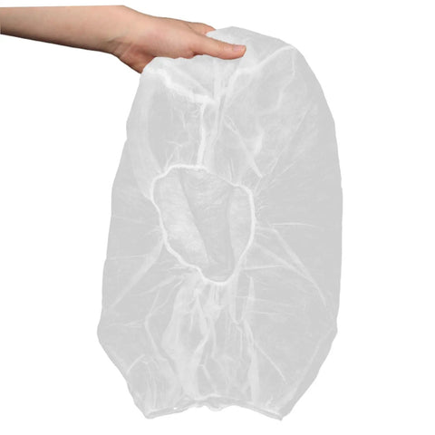 Hand holding a single 50 Pack Top Shelf Disposable Nonwoven Hair Net For Cleanrooms and Kitchen Sites in white fabric.