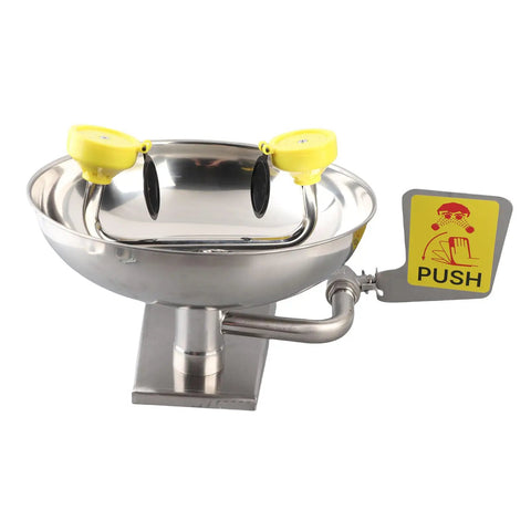 Wall Mounted Emergency Eye Wash Station With Dual Nozzles And Flip Covers, 304 Stainless Steel, Safety Sign Included