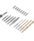 Essential Screw Extractor Set For Broken Bolt Removal With Hex Shank Twist Drills And Screwdriver Bits Including Spiral Tool Kit In Storage Box Perfect For Tough Garage Home Repairs. 19pc set with drill bits and extractors