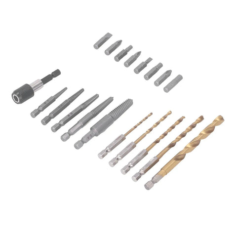 Essential Screw Extractor Set For Broken Bolt Removal With Hex Shank Twist Drills And Screwdriver Bits Including Spiral Tool Kit In Storage Box Perfect For Tough Garage Home Repairs. 19pc set with drill bits and extractors