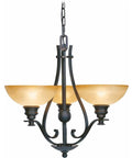 Rainier Three Light Foundry Chandelier In Bronze Finish With Sandstone Glass No Glare LED Compatible Incandescent Or CFL UL Listed 24 Inch Square Ceiling Light Vibe with warm sandstone glass shades