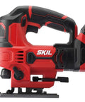 20V Cordless Jigsaw With Battery And Fast Charger, red, side view, designed for clean straight and curved cuts.