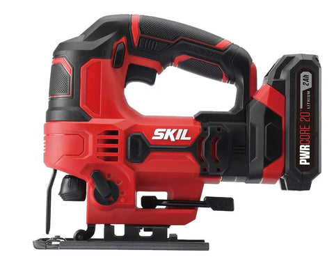 20V Cordless Jigsaw With Battery And Fast Charger, red, side view, designed for clean straight and curved cuts.