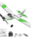 Beginner Friendly RC Plane Trainer 3CH Remote Control Airplane With Prop Saver 6 Axis Gyro Stabilizer And 3 Flight Modes For Easy Aerial Fun 400mm Green RTF Hobby Aircraft showcased with accessories, including remote control and cables.